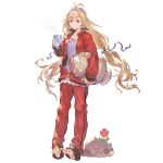  1girl alternate_costume barefoot blonde_hair blue_eyes bow cup dress flower gown granblue_fantasy hair_flower hair_ornament hair_ribbon hairband jacket jeanne_d&#039;arc_(granblue_fantasy) long_hair looking_at_viewer mole_(animal) official_art pants pillow pink_bow ribbon simple_background smile solo track_jacket track_pants track_suit transparent_background very_long_hair 