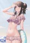  1girl absurdres arm_behind_back arm_up bare_hips bikini black_hair cowboy_shot floral_print grey_background grey_bikini groin hair_ornament highres idolmaster idolmaster_shiny_colors innertube kazano_hiori long_hair mole mole_under_mouth navel one_eye_closed parted_lips print_bikini shiny shiny_hair sidelocks solo standing swimsuit tied_hair umirororo violet_eyes x_hair_ornament 