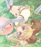  1girl :3 animal_ears armor armored_boots bangs blonde_hair blush boots breastplate brown_legwear closed_mouth commentary_request cross dress eyebrows_visible_through_hair feet_out_of_frame grass hair_between_eyes horned_headwear horns kneehighs knight_(ragnarok_online) long_hair looking_at_viewer lying nia_(littlestars) on_ground on_side pauldrons poring ragnarok_online shoulder_armor slime_(creature) smile sword vambraces violet_eyes weapon white_dress 