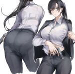  1girl absurdres ass black_hair bra_through_clothes breasts collared_shirt formal gun handgun highres kyoyakyo large_breasts long_hair original pants pantylines ponytail shirt solo suit trigger_discipline weapon 