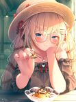  1girl akai_haato bangs black_dress blonde_hair commentary_request dress glasses hat highres holding holding_spoon hololive long_hair long_sleeves magowasabi solo spoon sun_hat virtual_youtuber 