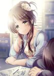  1boy 1girl arm_support blurry brown_eyes brown_hair depth_of_field desk hair_bun head_rest highres idolmaster idolmaster_cinderella_girls indoors long_hair looking_at_another ment office paper producer_(idolmaster) shelf sleeping takamori_aiko 