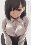  1girl bangs black_hair bra breasts collared_shirt commentary dress_shirt hair_behind_ear highres hoshi_san_3 large_breasts leaning_forward looking_at_viewer looking_to_the_side medium_hair mole mole_under_mouth office_lady open_mouth original pencil_skirt see-through shirt skirt solo translation_request underwear white_shirt 