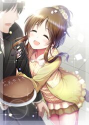  1boy 1girl blurry brown_hair cake chocolate_cake closed_eyes cowboy_shot depth_of_field dress food formal hair_bun highres idolmaster idolmaster_cinderella_girls lens_flare locked_arms long_hair ment open_mouth producer_(idolmaster) smile solo_focus sparkle suit takamori_aiko yellow_dress 