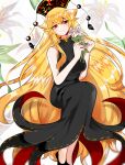  1girl bangs bare_shoulders black_dress black_footwear black_headwear blonde_hair breasts china_dress chinese_clothes closed_mouth crescent dress eyebrows_visible_through_hair eyes_visible_through_hair floral_background flower hair_between_eyes hands_up hat highres junko_(touhou) leaf lily_(flower) long_hair looking_down looking_to_the_side medium_breasts mindoll one-hour_drawing_challenge pom_pom_(clothes) red_eyes shoes sitting sleeveless smile solo touhou very_long_hair white_background white_flower 