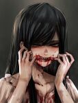 1girl biting black_hair blood blood_drip blood_on_face blush dress finger_biting finger_in_mouth green_eyes grey_background hands_up hoshi_san_3 looking_to_the_side original sharp_teeth smile solo teeth upper_body white_dress 