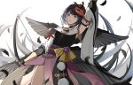  1girl aaaansy arm_up bangs black_hair black_wings bow_(weapon) breasts commentary detached_sleeves english_commentary feathered_wings feathers genshin_impact gloves hair_ornament highres holding holding_bow_(weapon) holding_weapon japanese_clothes kujou_sara large_breasts looking_at_viewer mask mask_on_head open_mouth parted_lips short_hair simple_background solo tassel tengu_mask vision_(genshin_impact) weapon white_background wings yellow_eyes 