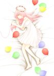  1girl balloon bed_sheet cochis1322 flower green_balloon hair_flower hair_ornament highres just_be_friends_(vocaloid) megurine_luka red_balloon string string_of_fate vocaloid 