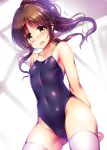  1girl blue_swimsuit blush breasts brown_hair covered_navel cowboy_shot highres idolmaster idolmaster_cinderella_girls looking_at_viewer ment one-piece_swimsuit open_mouth ponytail school_swimsuit small_breasts swimsuit takamori_aiko thigh-highs white_legwear 