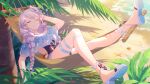  1girl ahoge bangs bare_shoulders beach blue_eyes braid breasts closed_eyes full_body hair_between_eyes hammock highres honkai_(series) honkai_impact_3rd kiana_kaslana liumang_tu_shua_p_zhan long_hair lying ocean on_back open_mouth outdoors palm_tree saliva sandals seashell shell shoe_soles short_sleeves sleeping solo starfish summer summer_uniform tree twin_braids twintails white_hair zzz 