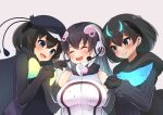 3girls absurdres african_penguin_(kemono_friends) antennae bare_shoulders black_hair black_skirt breasts cheek_poking dragon_star2 elbow_gloves gloves greater_lophorina_(kemono_friends) headset highres holding_hands jacket kemono_friends kemono_friends_v_project large_breasts miniskirt multicolored_hair multiple_girls penguin_girl pink_hair pleated_skirt poking skirt sleeveless sleeveless_jacket smile streaked_hair western_parotia_(kemono_friends) white_hair white_jacket