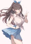  1girl ;d absurdres bangs blush breasts brown_hair floating_hair hand_on_hip highres idolmaster idolmaster_shiny_colors large_breasts long_hair one_eye_closed open_mouth shirt skirt smile solo standing tamago_(eva1314056) tsukioka_kogane v violet_eyes 