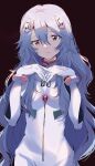  1girl ayanami_rei bangs blue_hair bodysuit breasts brown_eyes closed_mouth evangelion:_3.0+1.0_thrice_upon_a_time eyebrows_behind_hair hair_between_eyes hands_up headgear highres kayanogura long_hair looking_at_viewer neon_genesis_evangelion plugsuit rebuild_of_evangelion small_breasts smile solo very_long_hair white_bodysuit 