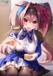  1girl animal_ears black_legwear blush breasts brown_hair buttons daiwa_scarlet_(umamusume) epaulettes eyebrows_visible_through_hair food hair_between_eyes hair_intakes highres holding holding_spoon horse_ears horse_girl horse_tail ice_cream juliet_sleeves large_breasts long_hair long_sleeves mikazuki_mika open_mouth puffy_sleeves red_eyes signature sitting solo spoon tail thigh-highs tiara twintails umamusume wariza 