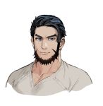  1boy alternate_hairstyle beard blue_eyes chest_hair earrings facial_hair foxvulpine golden_kamuy jewelry kiroranke looking_at_viewer male_focus shirt smile thick_eyebrows upper_body white_background white_shirt younger 