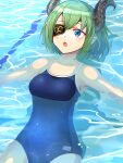  1girl afloat bangs bare_shoulders blue_eyes blue_swimsuit blush breasts commentary_request curled_horns demon_horns eyebrows_visible_through_hair eyepatch green_hair hair_between_eyes highres honey_strap horns lying medium_breasts okiru on_back one-piece_swimsuit open_mouth sekishiro_mico solo swimsuit virtual_youtuber water 
