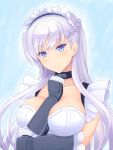  1girl azur_lane bangs belfast_(azur_lane) black_choker blue_eyes blush braid breasts choker closed_mouth commentary_request eyebrows_visible_through_hair gloves hands_up large_breasts long_hair looking_at_viewer maid_headdress parted_bangs smile solo toyatokage upper_body white_hair 