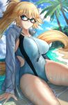  1girl beach bikini black-framed_eyewear black_bikini black_hairband blue_hairband blue_jacket braid clothing_cutout competition_swimsuit fate/grand_order fate_(series) glasses gloves hairband highleg highleg_swimsuit highres hood hooded_jacket ippers jacket jeanne_d&#039;arc_(fate)_(all) jeanne_d&#039;arc_(swimsuit_archer)_(fate) long_hair navel_cutout one-piece_swimsuit palm_tree ponytail single_braid sitting solo swimsuit tree very_long_hair whistle whistle_around_neck white_gloves white_jacket white_swimsuit 