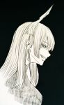  1girl black_background ear_piercing earrings greyscale grin highres horns hoshi_san_3 jewelry lip_piercing long_hair monochrome original piercing profile sharp_teeth sideways_mouth smile solo teeth 