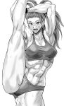  1girl abs bandaid bandaid_on_face breasts buruma captain_mizuki daraz18aka earrings highres jewelry large_breasts leg_up long_hair looking_at_viewer midriff muscular muscular_female navel one-punch_man open_mouth solo split sports_bra standing standing_on_one_leg standing_split sweat thighs white_background 