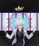  1boy absurdres bangs black_background black_bow black_neckwear black_pants black_shirt black_vest bow bowtie brown_eyes collared_shirt crown crown_removed dangan_ronpa_(series) dangan_ronpa_10th_anniversary_costume dangan_ronpa_2:_goodbye_despair grey_hair hair_between_eyes hands_up highres jacket komaeda_nagito long_sleeves looking_at_viewer male_focus medium_hair messy_hair multicolored multicolored_background pants ponytail shirt smile solo two-tone_bow upper_body vest white_bow white_hair white_jacket white_neckwear xiwang_xintu 