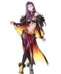  1girl bare_shoulders belt breasts bridal_gauntlets brown_eyes capelet earrings eyeshadow feather_trim feathers fire_emblem fire_emblem_echoes:_shadows_of_valentia fire_emblem_heroes full_body gem gold_trim gradient gradient_clothes highres jewelry lips long_hair makeup medium_breasts midriff official_art p-nekor pale_skin pantyhose shiny shiny_clothes sleeveless solo sonya_(fire_emblem) transparent_background violet_eyes 