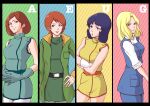  4girls belt beltorchika_irma blonde_hair blue_eyes blue_hair breasts brown_eyes brown_hair coat column_lineup crossed_arms dress emma_sheen fa_yuiry gloves green_coat green_dress green_gloves gundam hand_on_hip highres medium_breasts medium_hair miki_(miki125dragon) multiple_girls reccoa_londe short_hair smile striped striped_background violet_eyes white_gloves zeta_gundam 