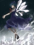  1girl blue_dress blue_hair bow cirno closed_eyes dress from_side hair_bow ice ice_wings open_mouth short_hair solo touhou wind wings yuzuruka_(bougainvillea) 