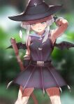  1girl arm_up armpits bat_wings belt_buckle black_dress blurry blurry_background broom buckle dress gloves green_eyes hat highres looking_at_viewer mahou_shoujo_tai_arusu sheila_(mahou_shoujo_tai_arusu) shiny shiny_hair short_hair silver_hair sleeveless steam sweat sweating_profusely thighs toppogi wings witch_hat 