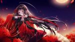  1girl ahoge blurry brown_eyes brown_hair covered_mouth depth_of_field dress flower highres holding holding_sword holding_weapon japanese_clothes katana light_blush long_hair looking_at_viewer minaminotkita moonlight original outdoors petals red_dress red_flower solo spider_lily sword weapon 