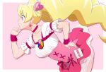  1girl bent_over blonde_hair border breasts choker closed_mouth collarbone cowboy_shot cure_peach earrings fresh_precure! fuchi_(nightmare) hair_ornament hand_on_hip heart heart_earrings heart_hair_ornament high-waist_skirt jewelry layered_skirt long_hair medium_breasts miniskirt outside_border pink_background pink_skirt precure profile red_choker red_eyes shiny shiny_hair shirt short_sleeves skirt smile solo twintails very_long_hair white_border white_shirt wrist_cuffs 