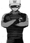  1boy captain_tsubasa closed_mouth crossed_arms gloves greyscale hat highres long_sleeves maki_keigo male_focus monochrome shaded_face shirt shorts simple_background solo sportswear striped striped_shirt wakabayashi_genzou 