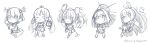  5girls ahoge animal_ears animal_on_head antlers bangs boots ceres_fauna chibi closed_eyes closed_mouth commentary_request copyright_name crop_top double_v dress eyebrows_visible_through_hair feather_hair_ornament feathers greyscale hair_between_eyes hair_cubes hair_intakes hair_ornament hakos_baelz halo hands_on_hips hands_up highres hololive hololive_english long_hair long_sleeves low_twintails midriff monochrome mouse mouse_ears mouse_girl mouse_tail multiple_girls nanashi_mumei navel on_head ouro_kronii outstretched_arms pleated_skirt puffy_long_sleeves puffy_short_sleeves puffy_sleeves shirt short_sleeves simple_background skirt sleeves_past_wrists smile spread_arms standing standing_on_one_leg tail totatokeke tsukumo_sana twintails v very_long_hair virtual_youtuber white_background wide_sleeves 
