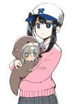  2girls baseball_cap black_hair blue_eyes blush bright_pupils cardigan collared_shirt crying crying_with_eyes_open eyebrows_visible_through_hair grey_hair grey_skirt hair_behind_ear hat highres kanai_608 miyu_ottavia multiple_girls nijisanji nijisanji_id onomachi_haruka otter_costume pink_cardigan plaid plaid_skirt purple_hair shirt side_ponytail skirt tears v-shaped_eyebrows virtual_youtuber white_headwear white_pupils white_shirt 