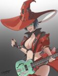  1girl choker electric_guitar fingerless_gloves geonide gloves grin guilty_gear guilty_gear_strive guitar hat highres i-no instrument jacket red_jacket red_lips short_hair smile sunglasses venus_symbol witch_hat 