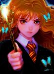  1girl blue_butterfly brown_eyes bug butterfly curly_hair duplicate harry_potter hermione_granger insect long_hair looking_at_viewer necktie nyamunekonabe orange_hair pixel-perfect_duplicate school_uniform signature uniform 