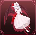  1girl bangs bat_wings boots bow brown_background collar dress eyebrows_visible_through_hair gradient gradient_background hands_up hat hat_ribbon looking_at_viewer mob_cap one_eye_closed open_mouth pink_dress pink_headwear puffy_short_sleeves puffy_sleeves red_bow red_eyes red_ribbon remilia_scarlet ribbon shadow short_hair short_sleeves show-jow silver_hair smile solo touhou white_footwear wings wrist_cuffs 