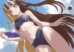  1girl absurdres ball beachball bikini blue_bikini brown_eyes brown_hair chestnut_mouth commentary cowboy_shot day dutch_angle frisbee galaco highres holding long_hair looking_at_viewer multicolored_hair outdoors parted_lips sketch solo streaked_hair swimsuit tarokazu very_long_hair vocaloid 