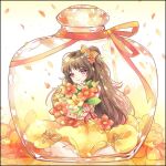 1girl bottle bouquet bow brown_hair dress flower fluffy hair_flower hair_ornament in_bottle in_container light_smile misora_(crnr8777) original petals pink_eyes red_ribbon ribbon sitting solo wariza yellow_bow yellow_dress yellow_theme 