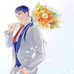  1boy absurdres blue_hair bouquet cu_chulainn_(fate) cu_chulainn_(fate/stay_night) daisy daro_maru earrings fate/grand_order fate_(series) flower formal grin hair_over_shoulder hair_strand hand_in_pocket highres holding holding_bouquet jewelry long_hair looking_at_viewer making-of_available male_focus necktie orange_flower orange_rose ponytail red_eyes red_neckwear rose smile solo suit upper_body white_background white_suit 