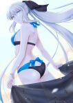 1girl ass back bangs bare_shoulders bikini black_bikini black_bow blue_bikini blue_eyes bow braid breasts fate/grand_order fate_(series) female_ass french_braid grey_hair hair_bow highres large_breasts long_hair looking_at_viewer looking_back morgan_le_fay_(fate) ponytail saksan123 sarong sideboob sidelocks solo swimsuit thighs two-tone_bikini very_long_hair