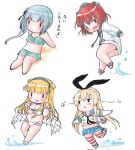  4girls bikini bikini_skirt black_hairband black_panties blonde_hair blue_sailor_collar blue_skirt brown_hair cargo_net chibi commentary_request crop_top elbow_gloves fletcher_(kancolle) gloves green_bikini green_skirt grey_hair hairband headgear highleg highleg_panties highres jacket kantai_collection kasumi_(kancolle) long_hair microskirt miniskirt multiple_girls net outstretched_arms panties pleated_skirt poipoi_purin sailor_collar shimakaze_(kancolle) short_hair side_ponytail simple_background sitting skirt striped striped_legwear swimsuit thigh-highs traditional_media triangle_mouth underwear white_background white_bikini white_gloves white_jacket yukikaze_(kancolle) |_| 