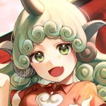  1girl artist_name bangs cherry_blossoms collar green_eyes green_hair horns jill_07km komano_aunn light long_hair looking_at_viewer open_mouth red_shirt red_sleeves shirt short_sleeves smile solo torii touhou upper_body 