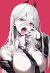  1girl artist_name blood blood_on_clothes breasts chainsaw_man collared_shirt hair_between_eyes highres horns large_breasts long_hair looking_at_viewer myung_yi necktie open_mouth power_(chainsaw_man) red_background red_eyes shirt simple_background solo tongue tongue_out upper_body 