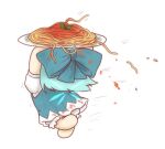  1girl back bloomers blue_bow blue_dress blue_hair bow cirno dirty dirty_clothes dress food highres holding holding_up pasta puffy_short_sleeves puffy_sleeves running short_hair short_sleeves simple_background skullchimes solo spaghetti touhou underwear white_background 