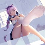  1girl :o ahoge animal_ears bangs blue_hair blue_nails blunt_bangs blush cat_ears cat_tail dutch_angle highres hololive leg_lift luli_(hard244) maid minato_aqua multicolored_hair no_shoes panties purple_hair soles solo tail thighhighs_pull thighs toes underwear violet_eyes virtual_youtuber white_legwear white_panties window 