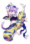  1girl :3 :d animal_ear_fluff animal_ears armpits bandaged_leg bandages bangs blue_hair blue_headwear blunt_bangs blush bracer breasts cat_ears cat_girl cat_tail colored_inner_hair commentary_request crop_top cropped_jacket eyebrows_visible_through_hair fang full_body highres hololive jacket jewelry large_breasts looking_at_viewer midriff multicolored_hair navel necklace nekomata_okayu open_clothes open_jacket open_mouth pants puffy_pants purple_hair simple_background sleeveless sleeveless_jacket smile solo tail tomoyohi violet_eyes virtual_youtuber white_background yellow_pants 