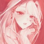  :irai bangs blush eyebrows_behind_hair from_side hair_behind_ear hand_on_own_face highres jewelry long_hair looking_at_viewer monochrome mu_yume original parted_lips pink_theme portrait ring utaite_(singer) 