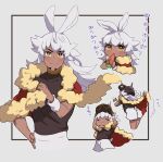  1boy absurdres alternate_hair_color animal_ears bangs blush bright_pupils brown_shirt cape closed_mouth commentary_request dark-skinned_male dark_skin eating facial_hair fur-trimmed_cape fur_trim hand_up hands_up highres holding holding_carrot leon_(pokemon) long_hair male_focus multiple_views pokemon pokemon_(game) pokemon_swsh rabbit_ears red_cape shirt short_shorts shorts smile trembling white_hair white_pupils white_shorts yellow_eyes yunoru 