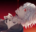  1boy black_shirt blood character_request check_copyright copyright_request fingernails gradient gradient_background grey_hair highres kemono_jihen looking_at_viewer male_focus nyazuta pointy_ears red_eyes sharp_fingernails shirt simple_background solo 